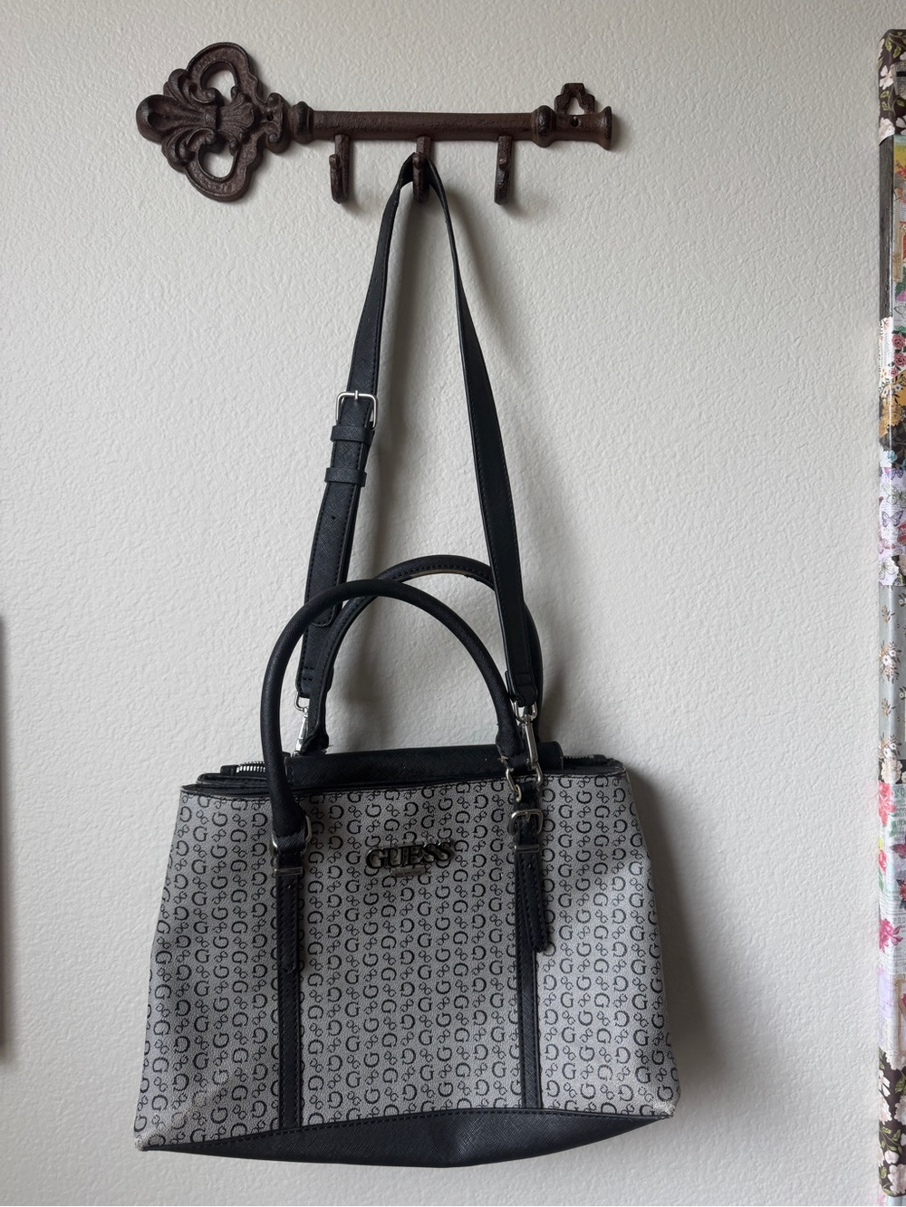 GUESS Gray and Black Signature Logo Tote with Removable Strap